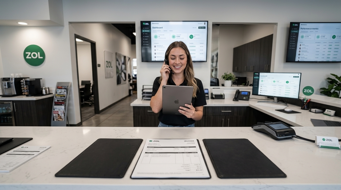 A service advisor at a ZOL front desk taking a call with a tablet in hand