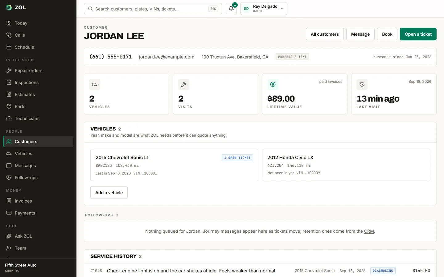 A ZOL customer record: contact details, vehicles, visits, lifetime value and service history on one page