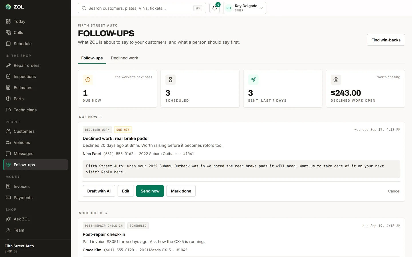 The ZOL follow-ups CRM: declined work, inspection recommendations and post-repair check-ins drafted by ZOL