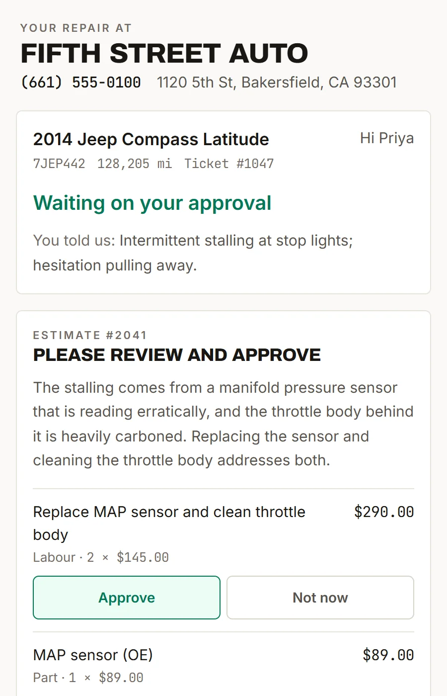 The ZOL customer portal on a phone: the vehicle, its status, the inspection and an estimate to approve line by line