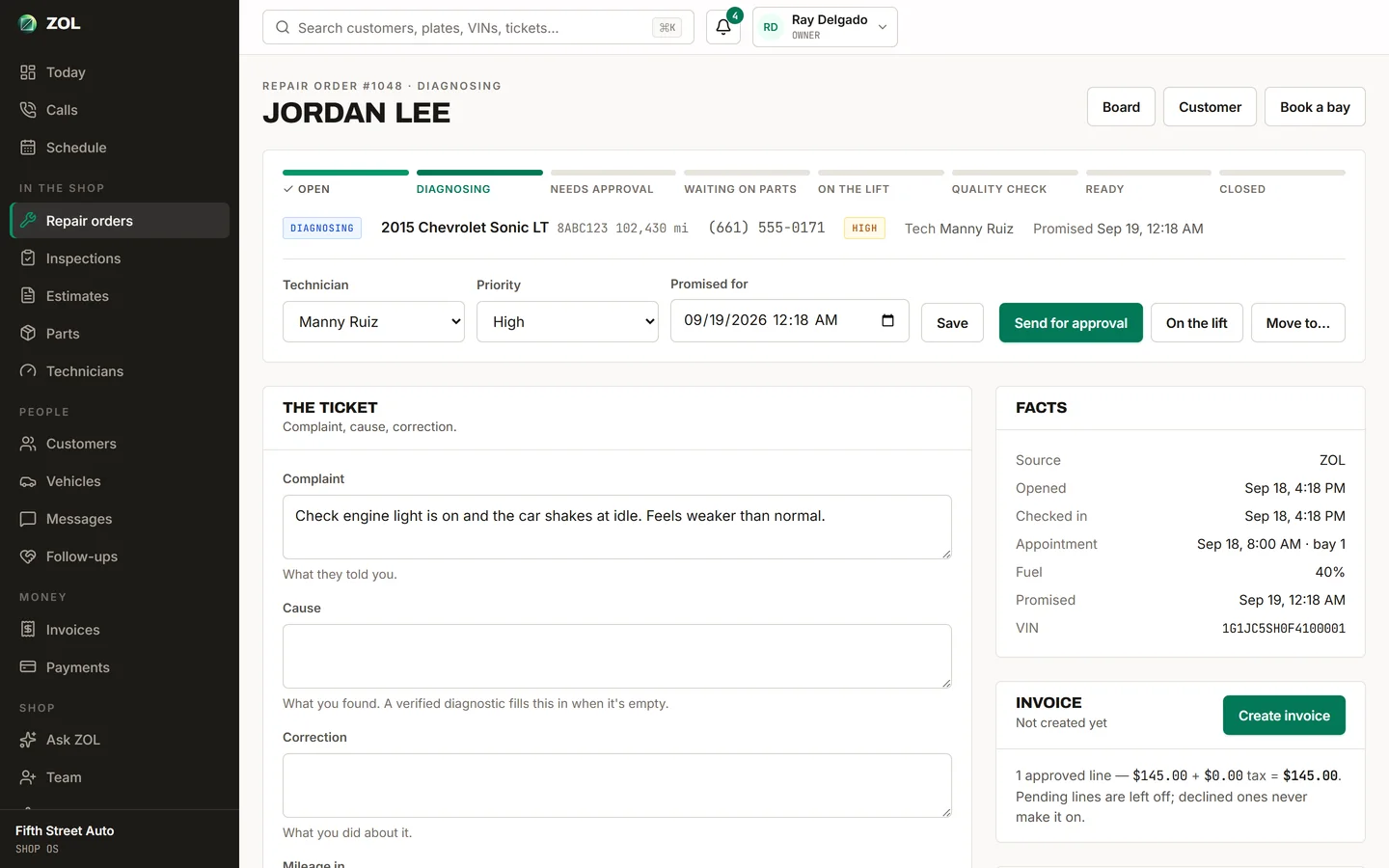 A ZOL repair order workbench: diagnostics, inspection, lines and approvals, estimate, parts, invoice and history on one ticket