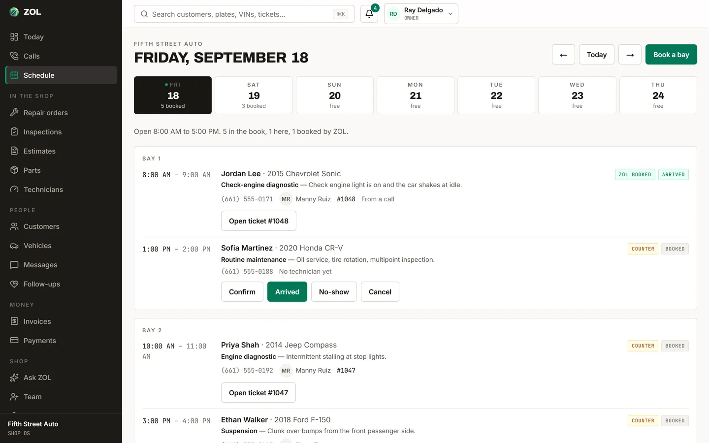 The ZOL schedule: a day laid out per bay with technicians and booked appointments