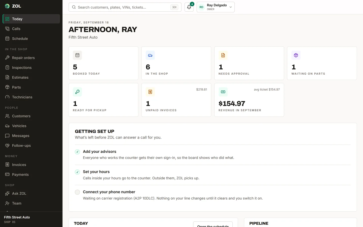 The ZOL Today dashboard: appointments, cars in the shop, what needs a person, revenue and technician load